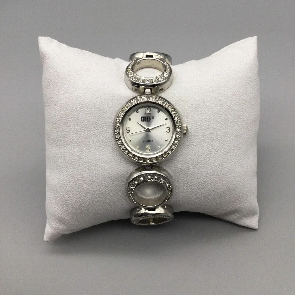 Gruen II Womens Watch 24mm Silver Dial Crystal Bezel GRF1501 Circle Link 6.75